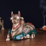 Brass Sitting Nandi Right Leg Raised Stonework - Sacred Bull Temple Art | Jaipurio
